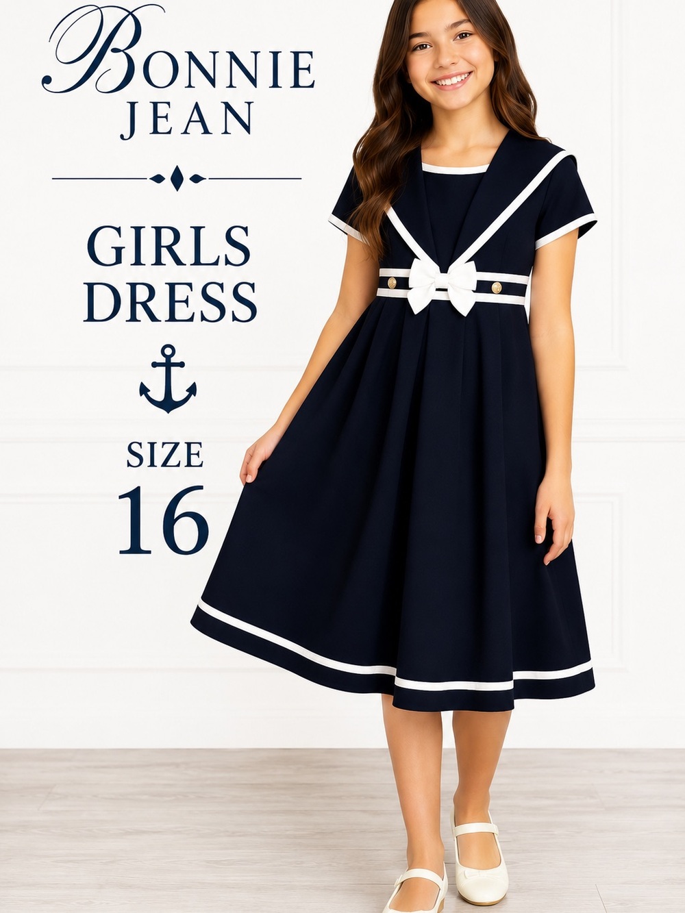 Bonnie Jean Girls 16 Navy Sailor Nautical Dress White Bow Pleated Midi